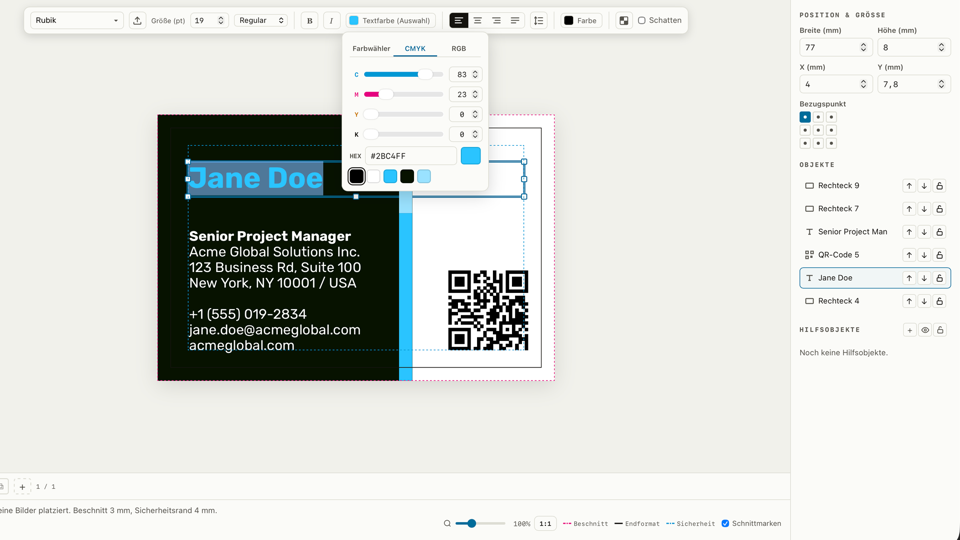 LaydoStudio editor showing a business card with contact details and a QR code being designed