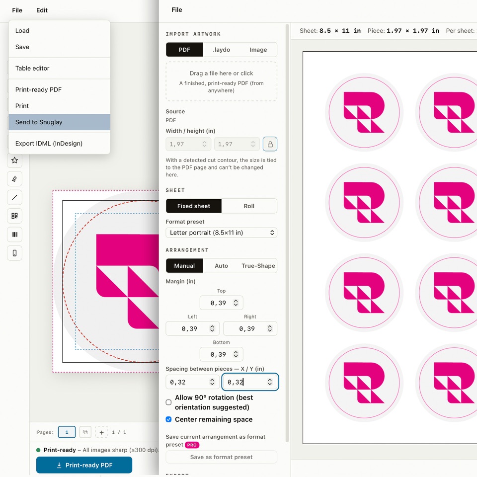 A round sticker design in LaydoStudio, sent to Snuglay and automatically nested eight-up on a letter sheet