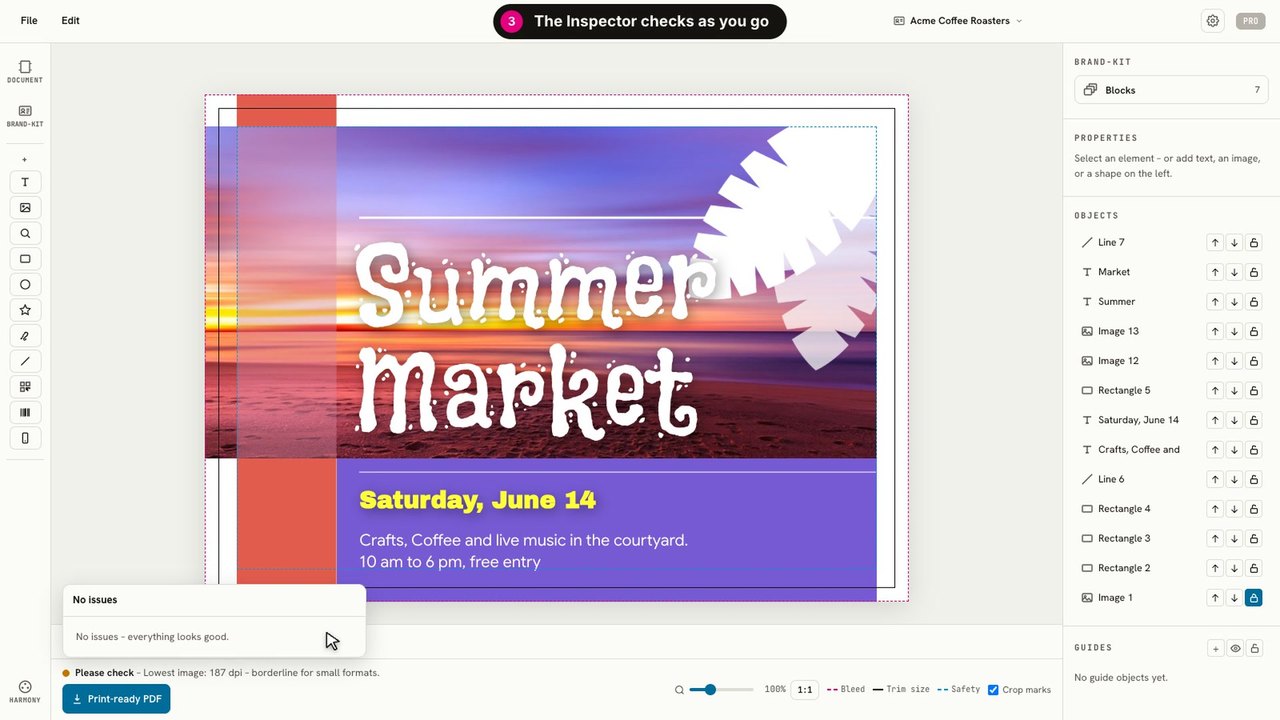 LaydoStudio editor with a finished postcard design and the prepress Inspector